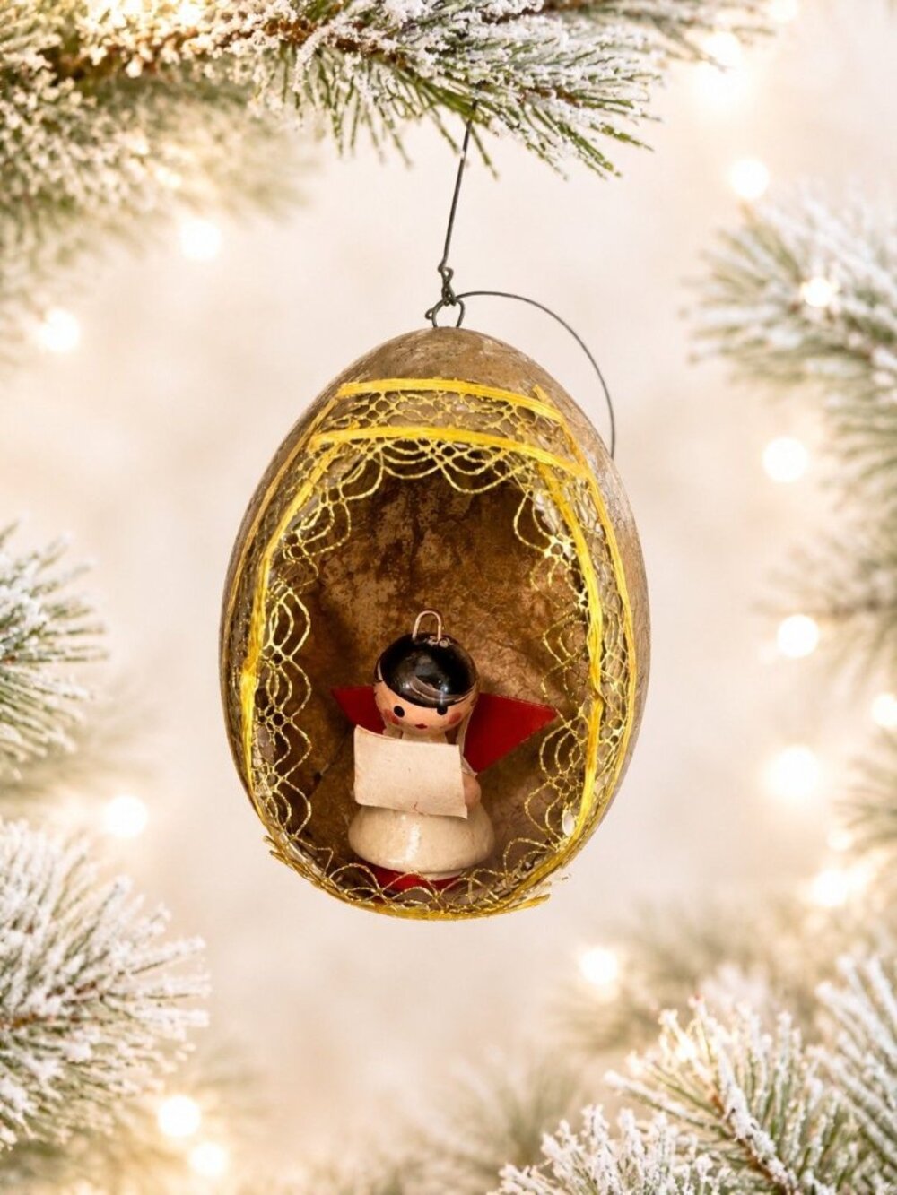 Vintage Eggshell Diorama Choir Angel Ornament Gold Trim 2"